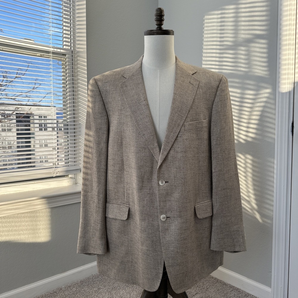 Stafford Silk Blazer Men 46L Beige Herringbone Woven Lined Luxury Sport Coat